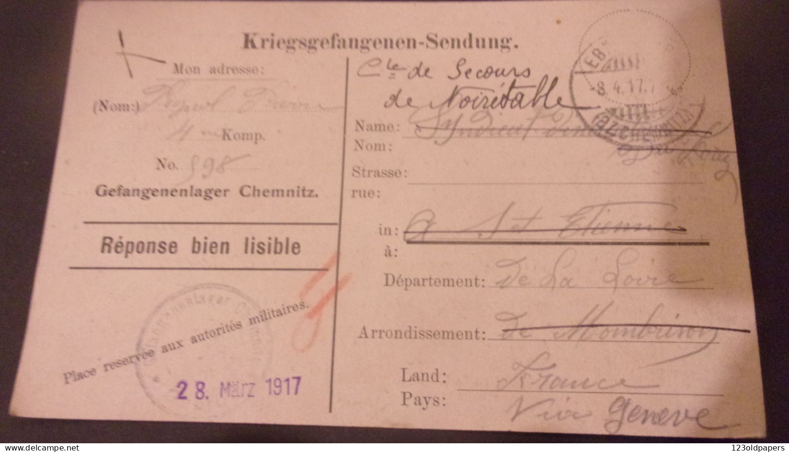 WWI Camp Prisonniers CHEMNITZ  KRIEGSGEFANGENEN SENDUNG FELDPOSTKARTE - Guerra De 1914-18