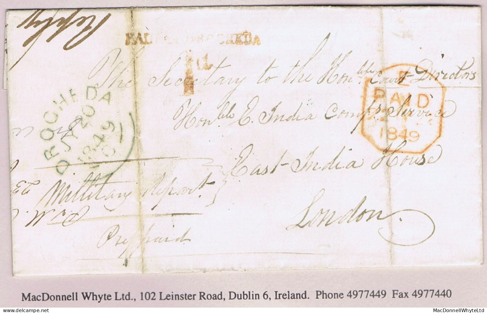 Ireland Military Louth Uniform Penny Post 1849 Cover To EIC In London With UPP Hs PAID AT DROGHEDA/1d In Red - Vorphilatelie