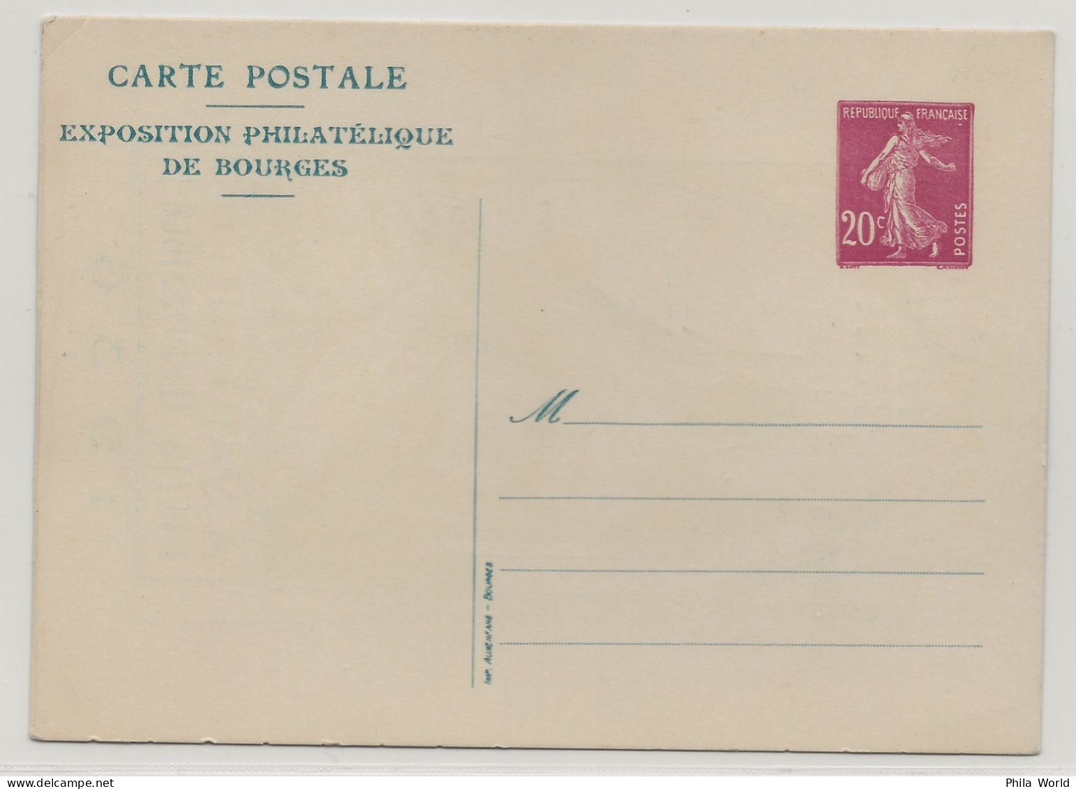 FRANCE 1936 Entier Postal 20c Semeuse Camée Exposition Philatélique BOURGES BERRY A VAILLANS Riens Impossible - Standard- Und TSC-AK (vor 1995)
