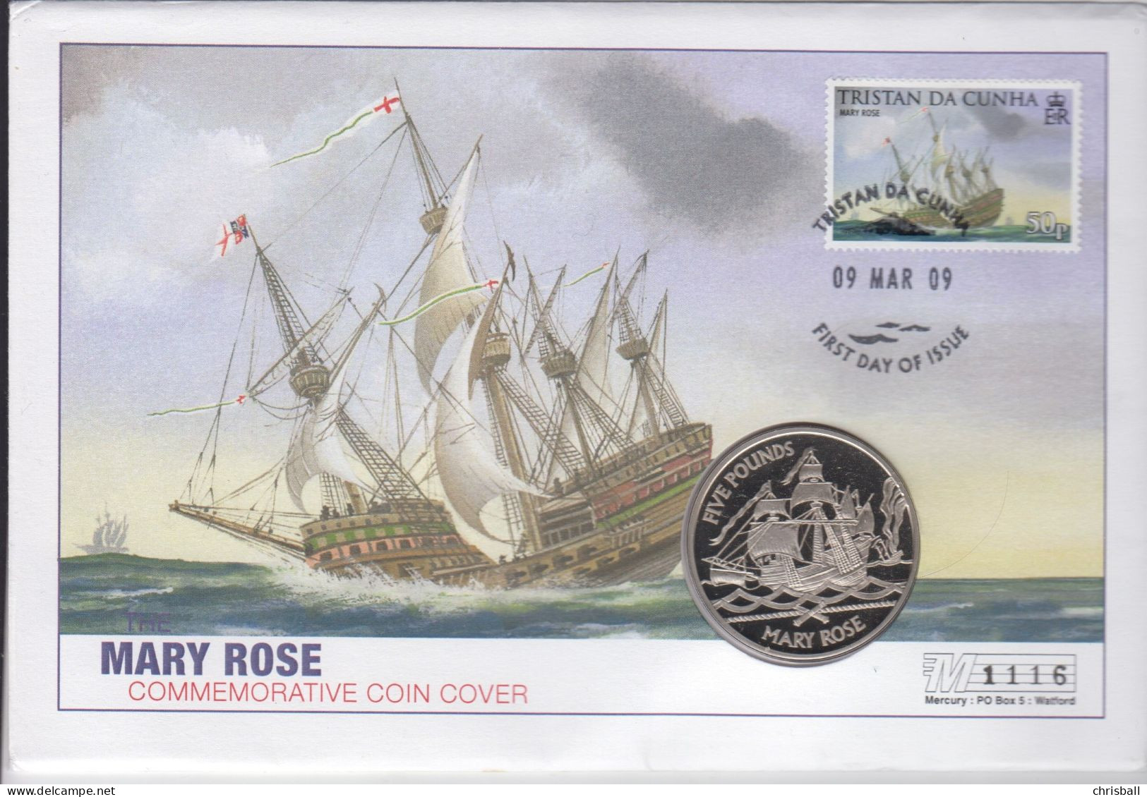 Guernsey 2009 Mary Rose Five Pound Coin  - On Tristan Da Cunha FDC - Guernsey