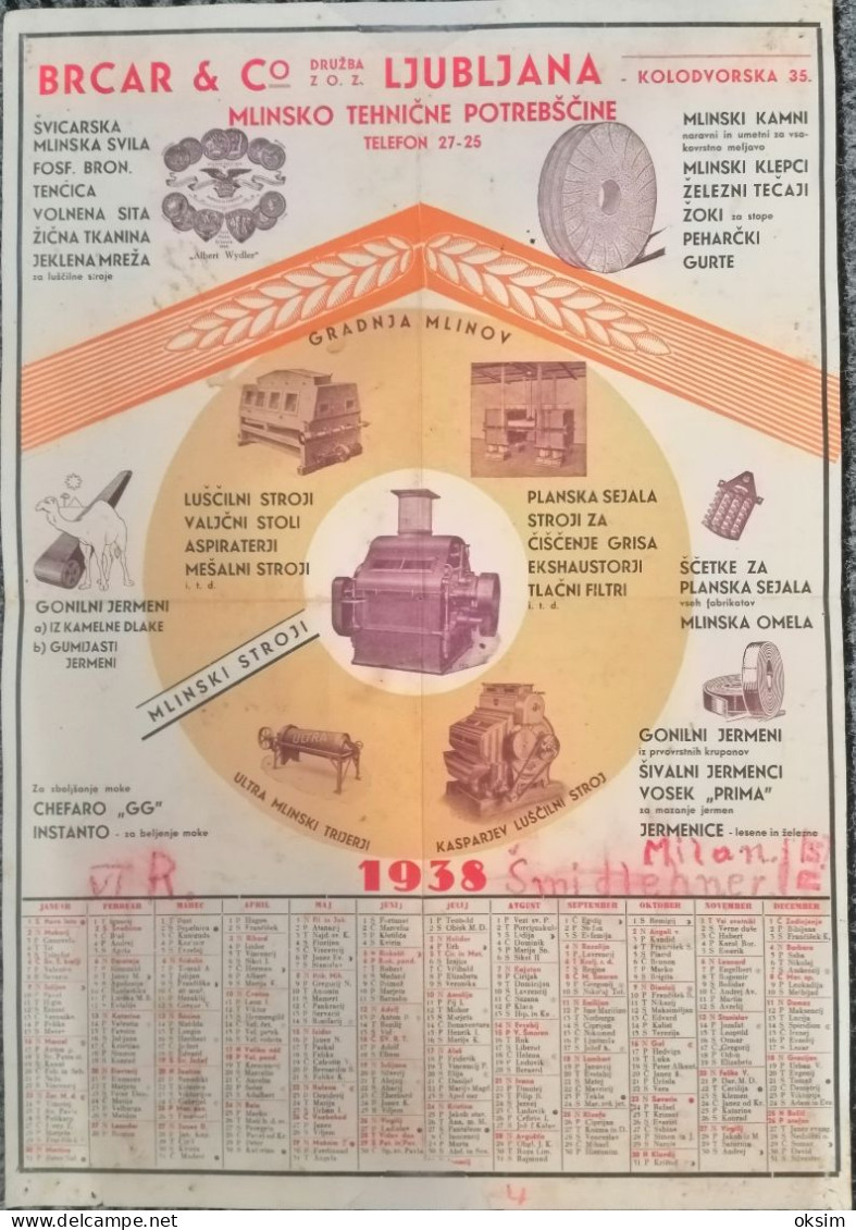 SLOVENIJA, BRCAR&CO, LJUBLJANA, MLINSKO TEHNIČNE POTREBŠČINE, 1938, Dimenzija/Größe/Size 35x50 Cm - Tamaño Grande : 1921-40