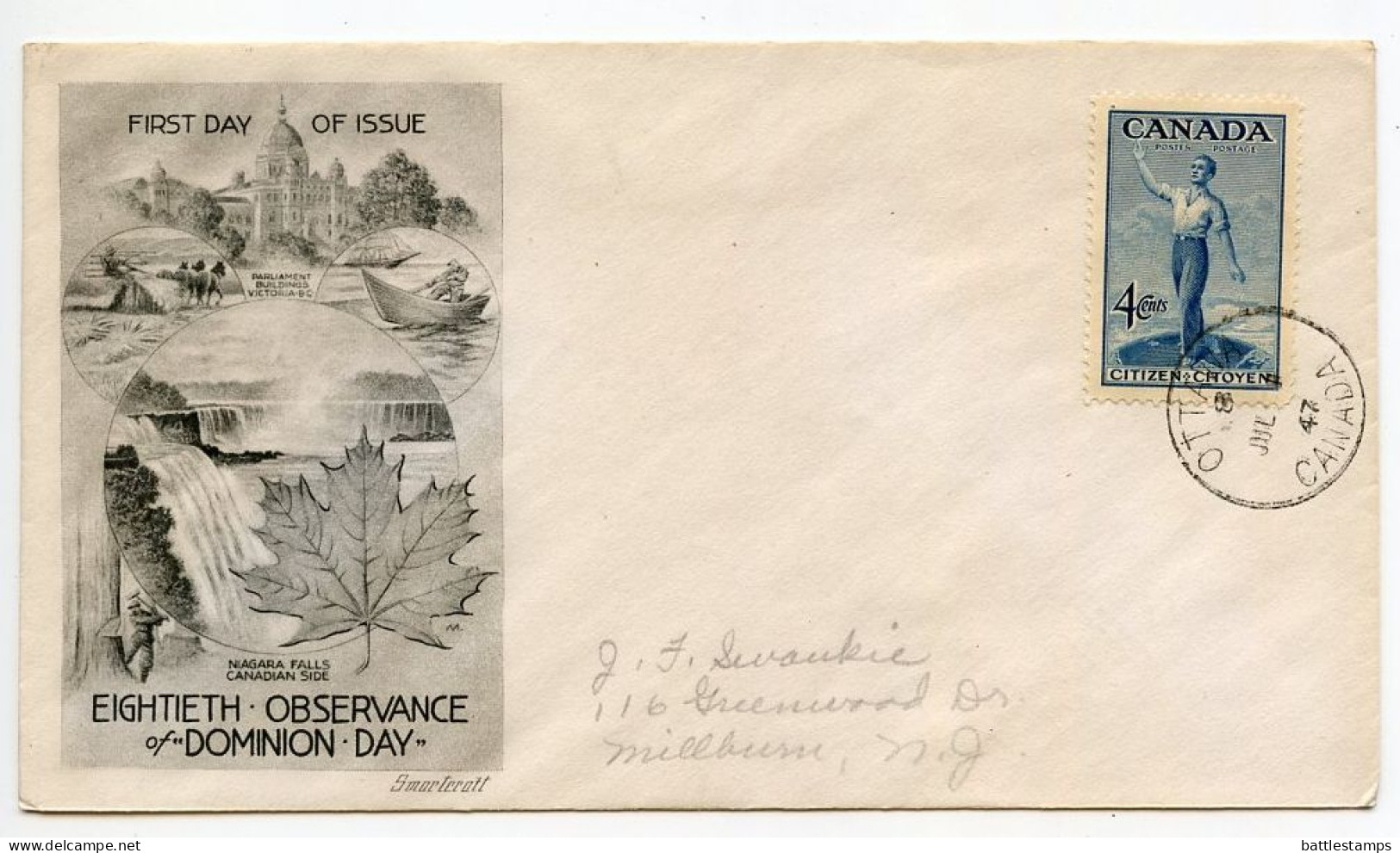 Canada 1947 FDC Scott 275 - Citizen Of Canada, 80th Anniversary Of Dominion Day; Smartcraft Cachet - ....-1951