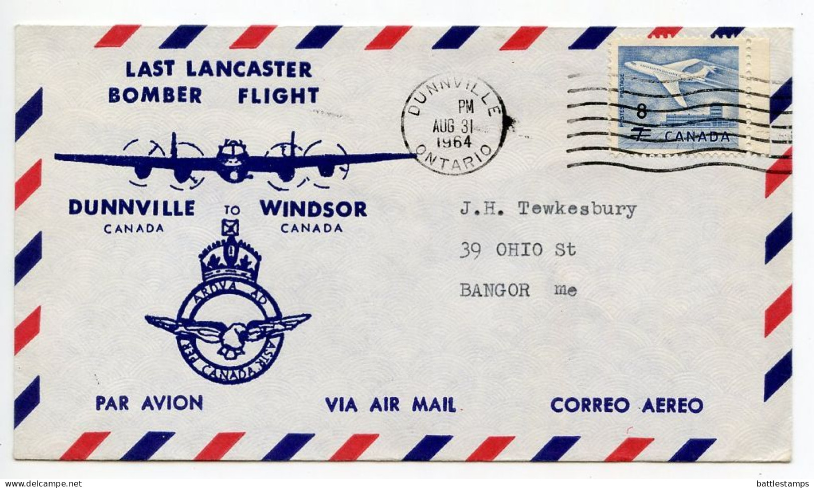 Canada 1964 Commemorative Cover - Last Lancaster Bomber Flight - Dunnville To Windsor; Scott 430 - Gedenkausgaben