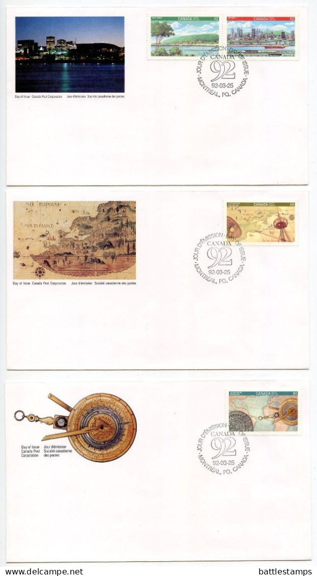 Canada 1993 3 FDCs Scott 1404-1407 Discovery Of America 500th Anniversary - Montreal, Cartier's Chart, World Map - 1991-2000