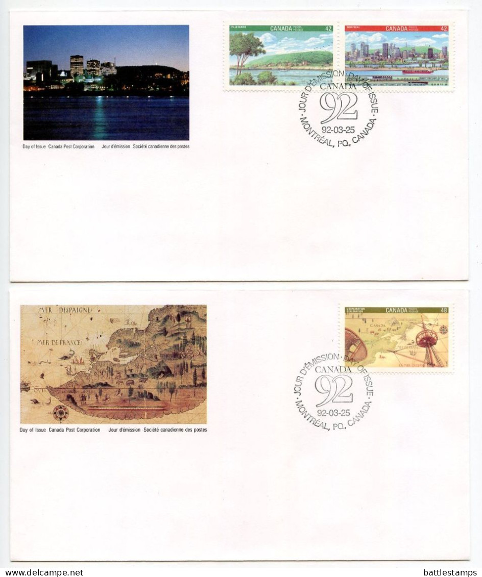 Canada 1993 3 FDCs Scott 1404-1407 Discovery Of America 500th Anniversary - Montreal, Cartier's Chart, World Map - 1991-2000