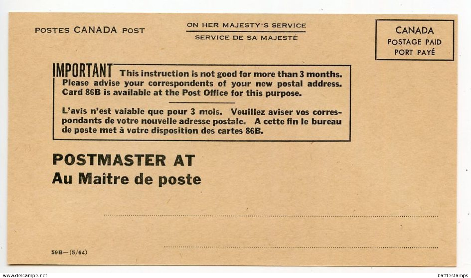 Canada C.1964 Unused Change Of Address Notice Card - Canada Post, Postage Paid - Covers & Documents