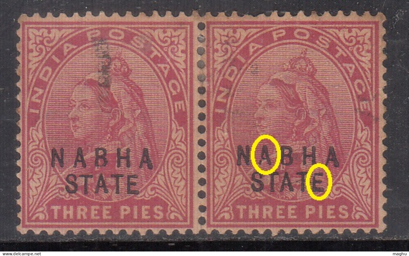 EFO Pair, 'A & E Partial Broken' Ovpt Variety, 3p MH QV 1900 Nabha State SG36, British India - Nabha