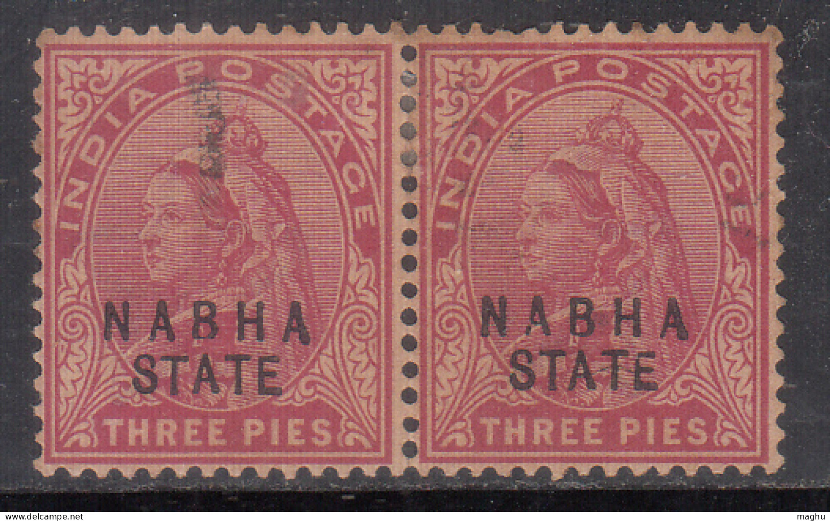 EFO Pair, 'A & E Partial Broken' Ovpt Variety, 3p MH QV 1900 Nabha State SG36, British India - Nabha