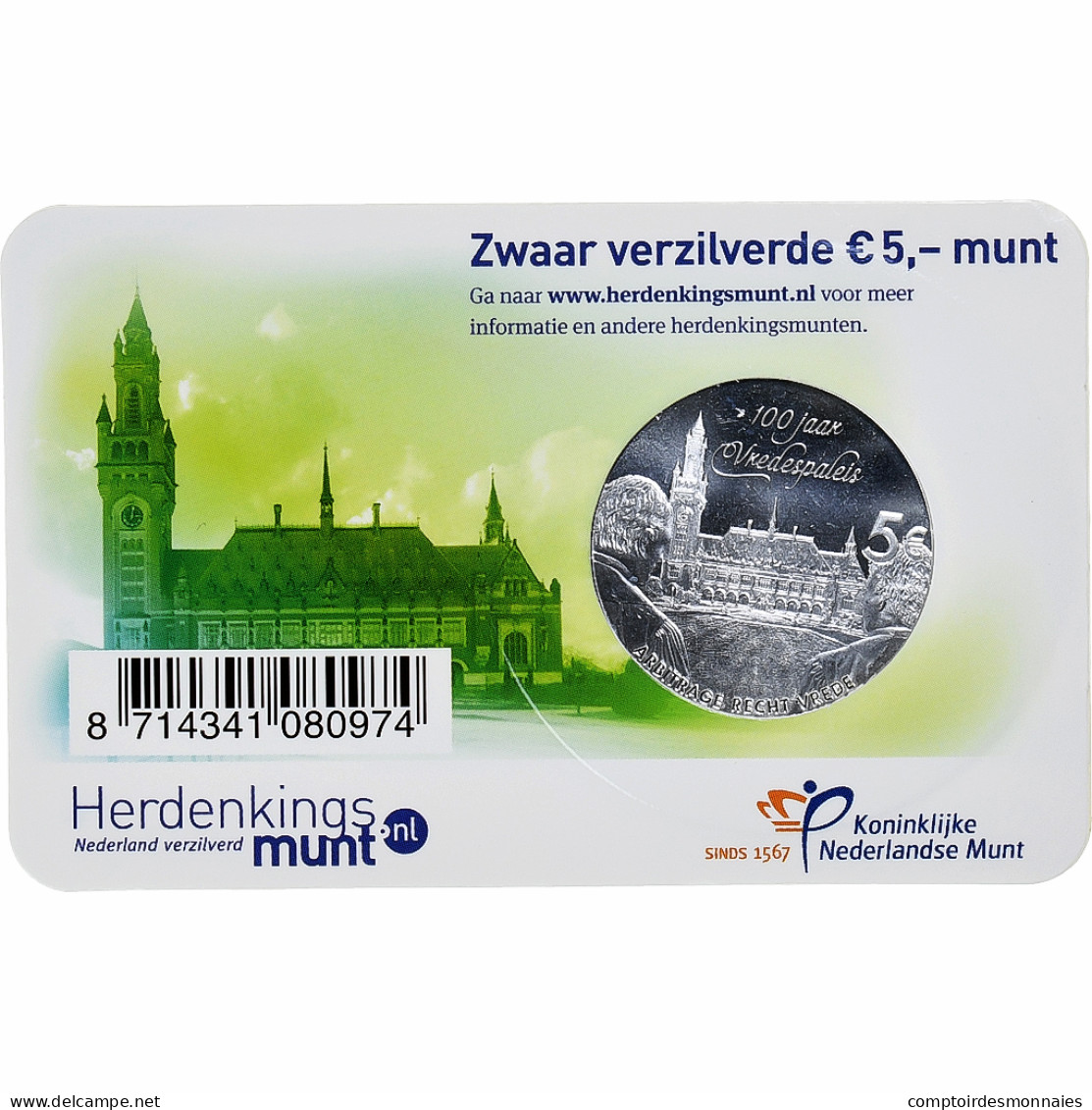 Pays-Bas, 5 Euro, 2013, 100 Years Of The PeacePalace. FDC, FDC, Cuivre Plaqué - Nederland