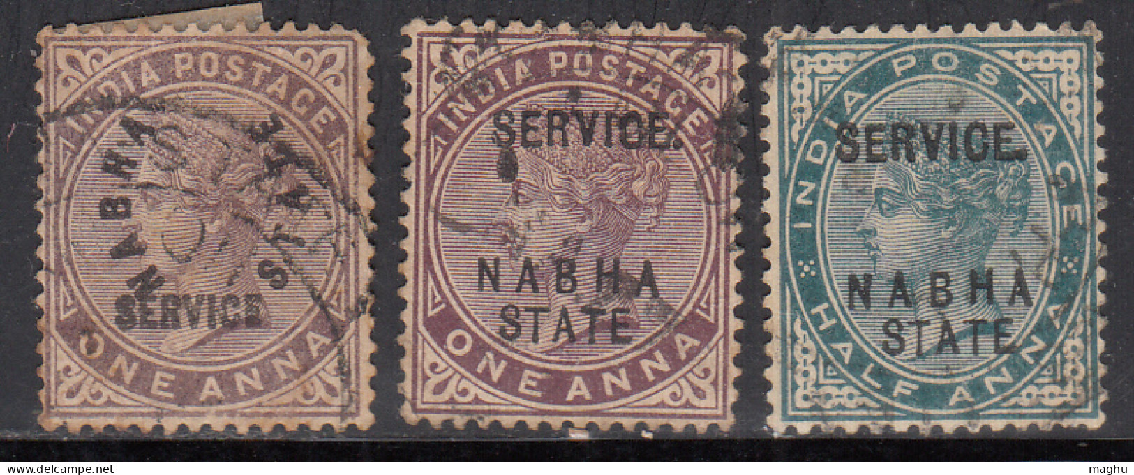 1a X 2 Diff.,Colour + ½a,  Used QV Series, Nabha State SERVICE 1885, British India - Nabha