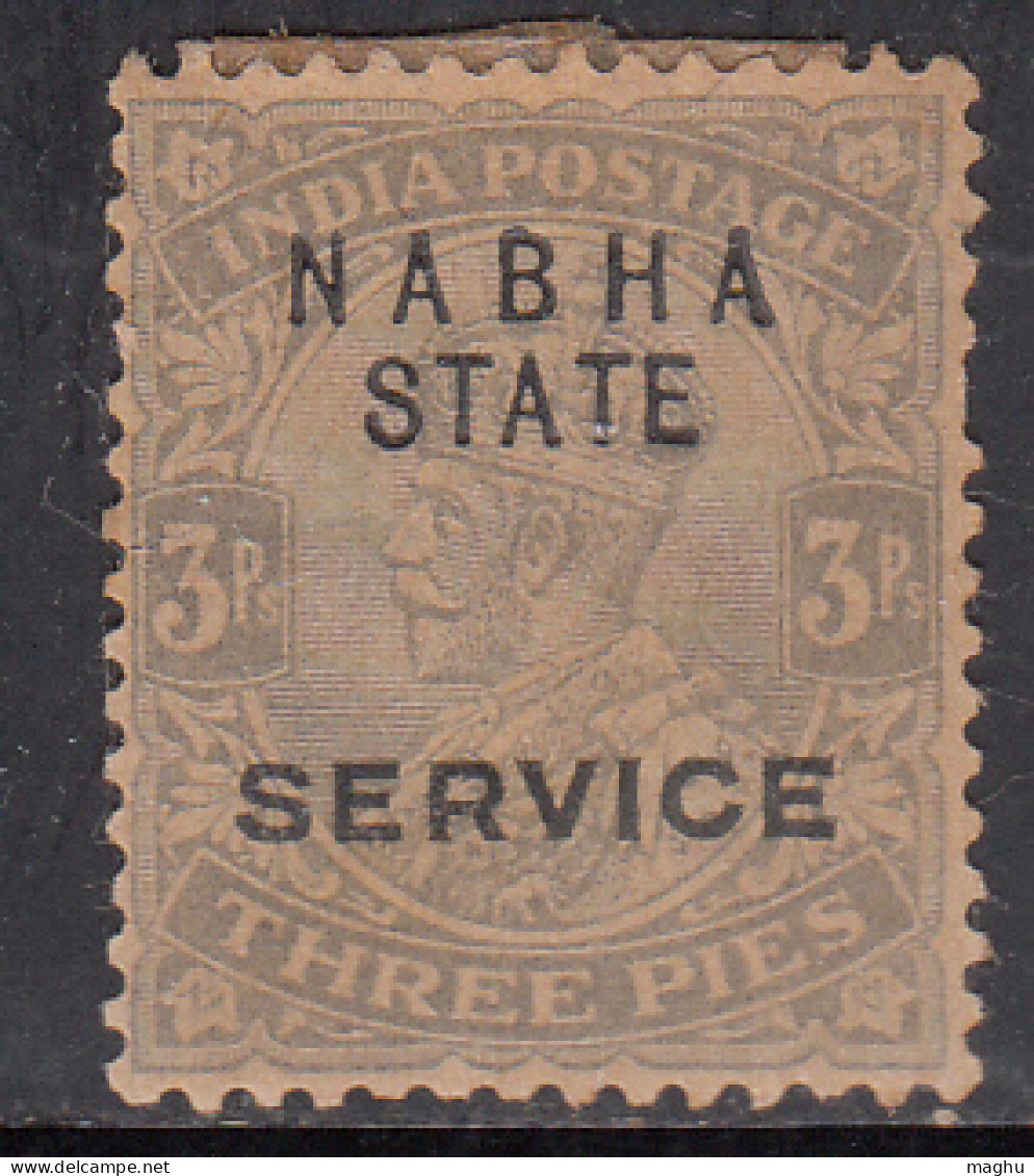 3p Plane Grey, MH KGV Series, SGO39a, Nabha State SERVICE 1913-1923, British India - Nabha