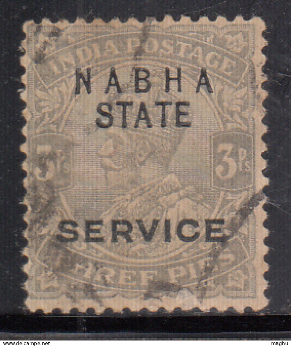 3p Slate, Used KGV Series, SGO39c, Nabha State SERVICE 1913-1923, British India - Nabha