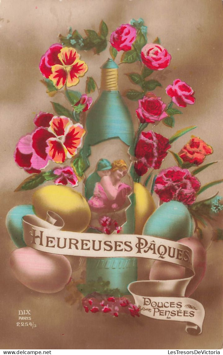 FÊTES ET VOEUX - Heureuses Pâques - Douces Pensées - Oeufs De Pâque - Roses - Cartes Postales Ancienne - Easter