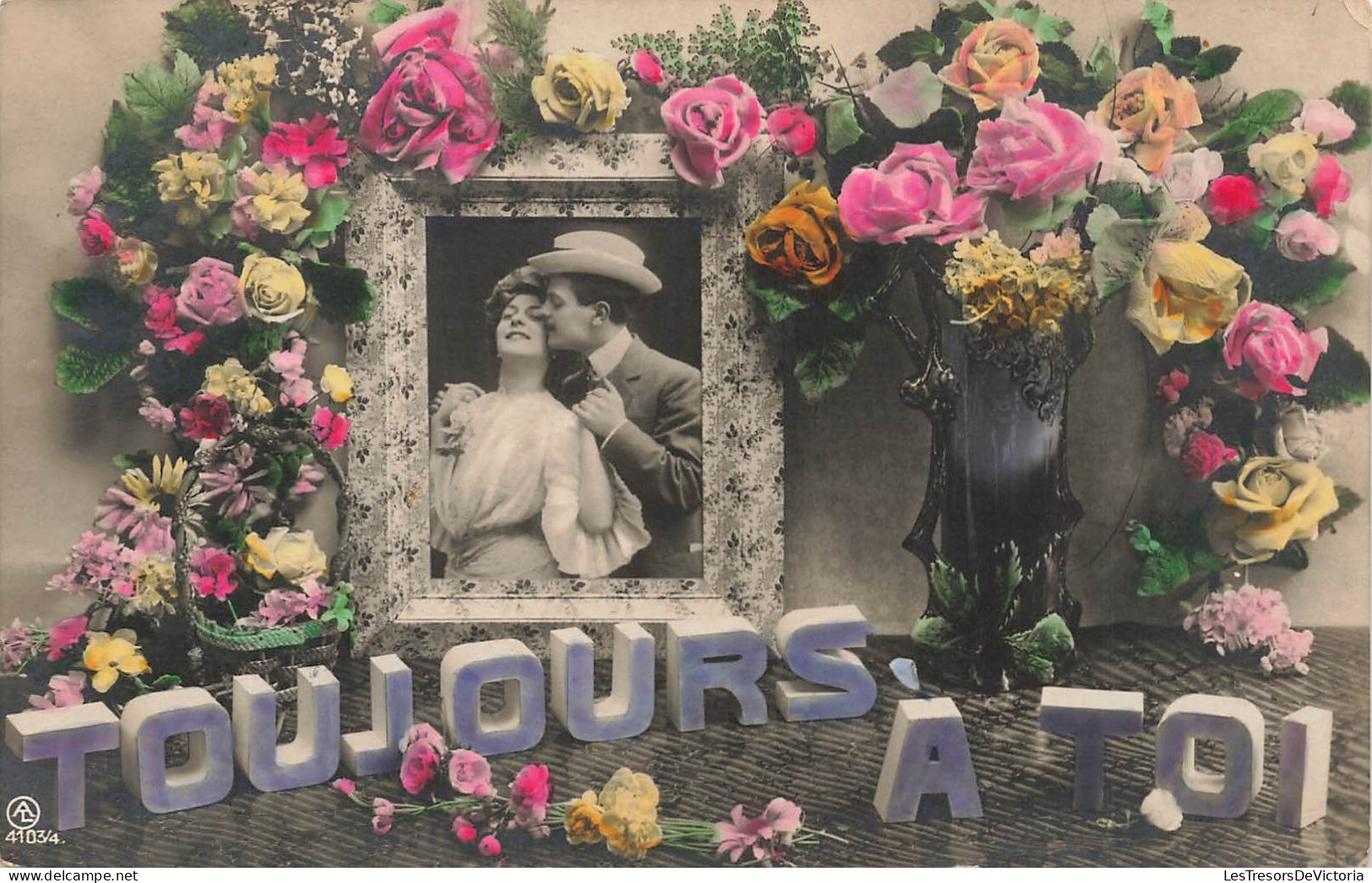 COUPLE - Toujours à Toi - Photo Dans Un Cadre Entouré De Fleurs - Cartes Postales Ancienne - Coppie