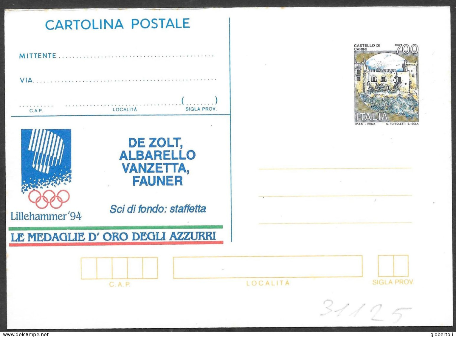 Italia/Italy/Italie: Intero, Stationery, Entier, Sci Di Fondo Staffetta, Cross Country Skiin Relay, Relais Ski De Fond - Winter 1994: Lillehammer