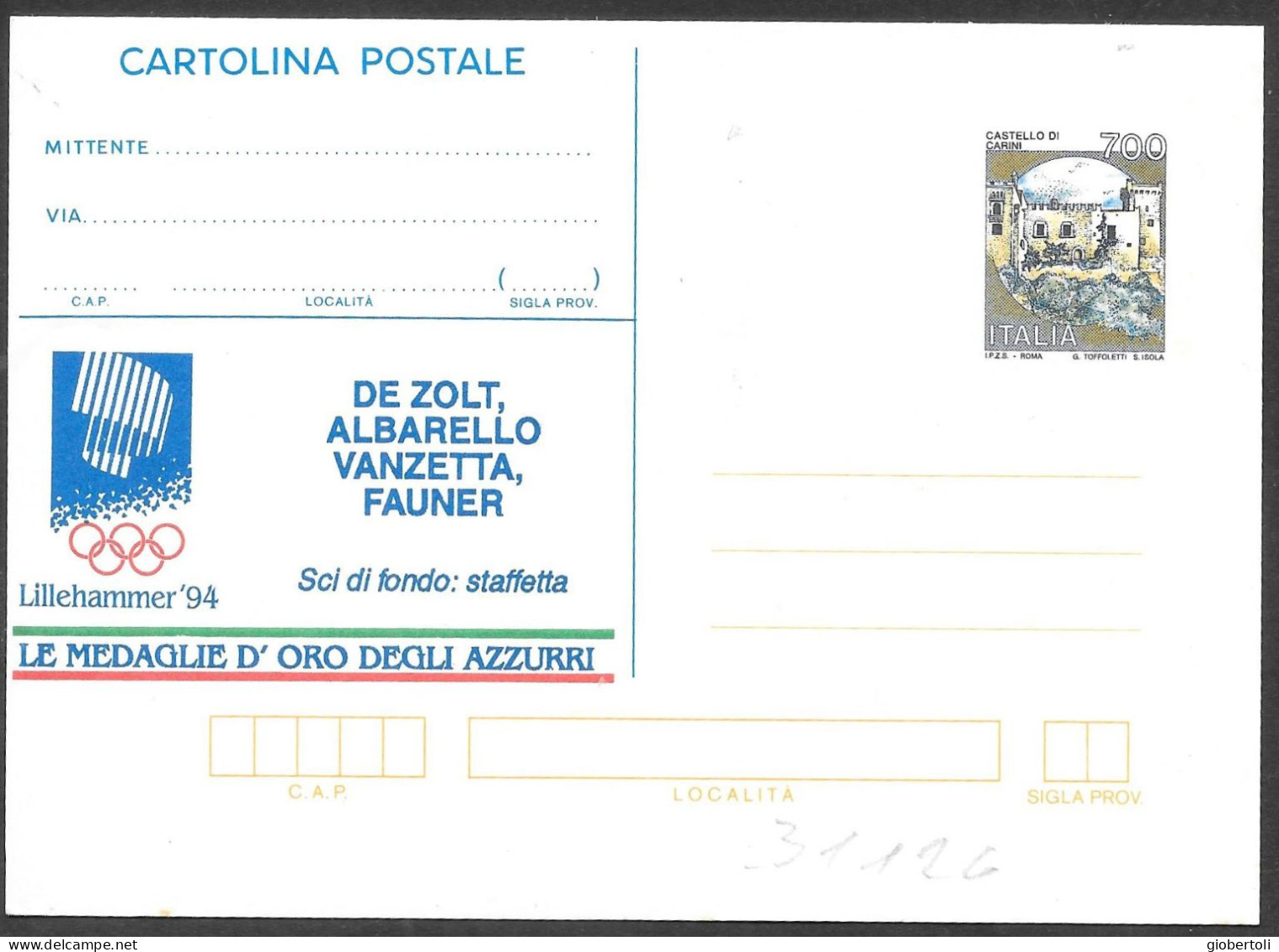 Italia/Italy/Italie: Intero, Stationery, Entier, Sci Di Fondo Staffetta, Cross Country Skiin Relay, Relais Ski De Fond - Inverno1994: Lillehammer