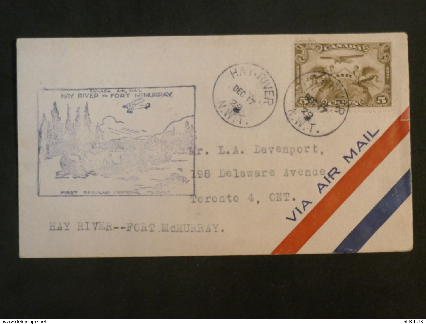 T42 CANADA BELLE  LETTRE 1929  1ST FLIGHT HAY RIVER A TORONTO +PA N°1 +AFF. INTERESSANT+ + - Lettres & Documents