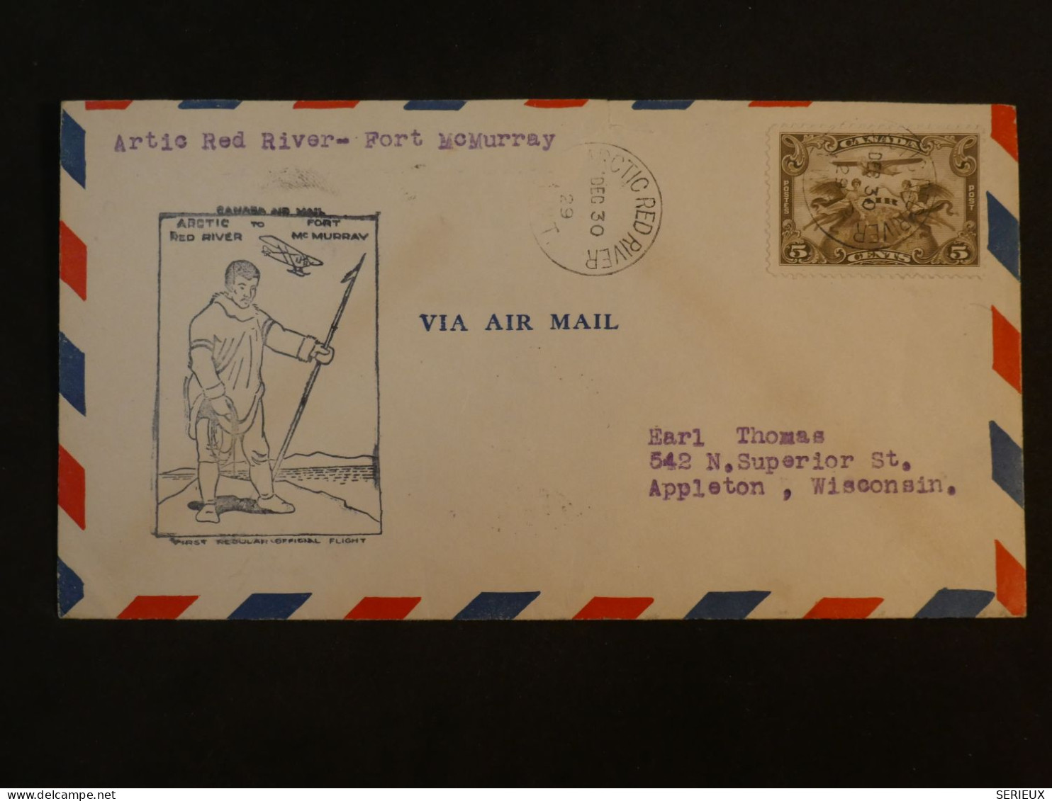 T42 CANADA BELLE  LETTRE 30 DEC. 1929  1ST FLIGHT ARTIC RED RIVER TO USA+PA N°1 +AFF. INTERESSANT+ + - Covers & Documents