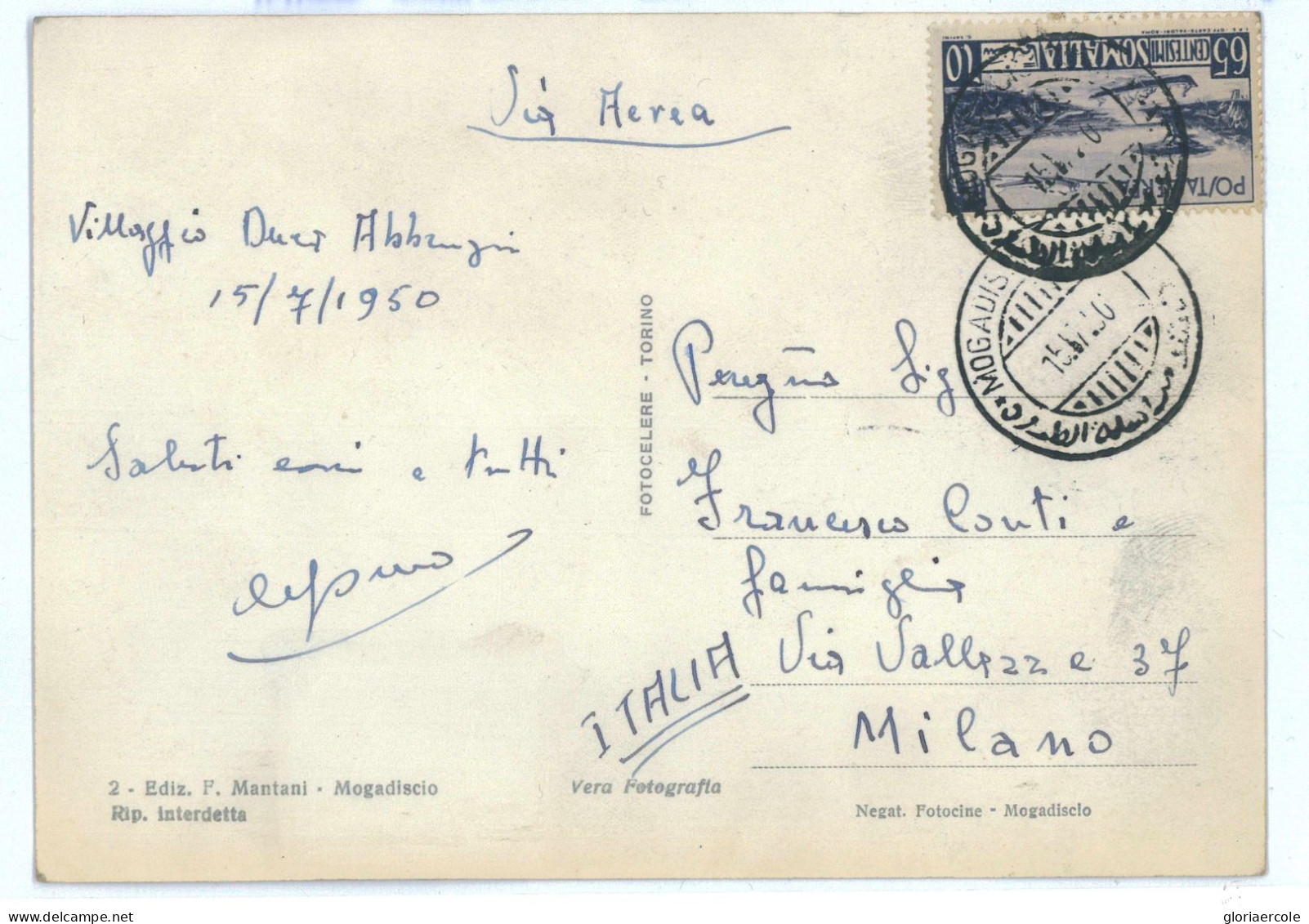 P2513 - ITALIA SOMALIA AFIS, 15.7.1950 FRANCOBOLLO PER POSTA AEREA CENT 65, ISOLATO SU CARTOLINA PER MILANO - Somalië (AFIS)