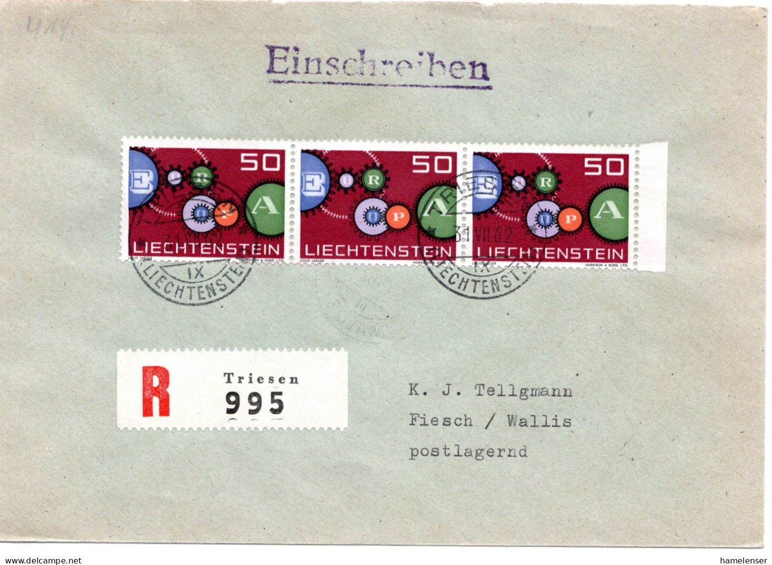 72737 - Liechtenstein - 1962 - 3@50Rp CEPT '62 A R-Bf TRIESEN -> FIESCH (Schweiz) - 1962