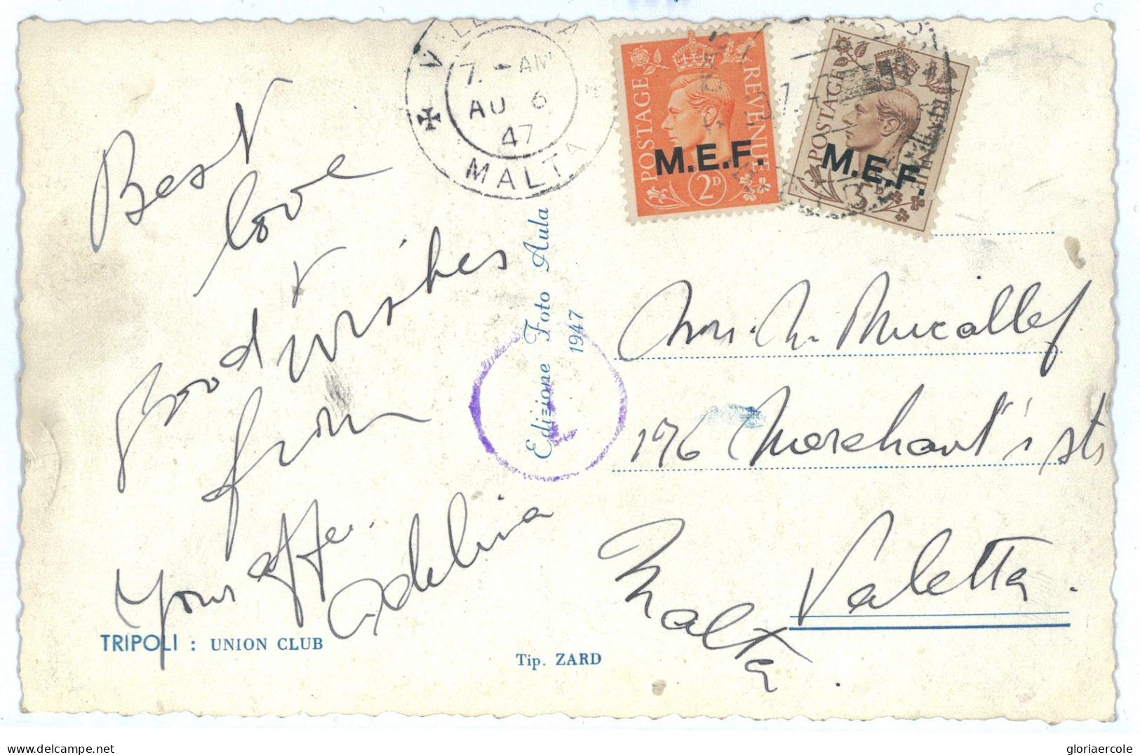 P2518 - ITALIA LIBIA, BRITISH OCCUPATION, POST CARD 23.7.1947 TO VERY RARE DESTINATION, MALTA!!!!!!! - Occup. Britannica MEF