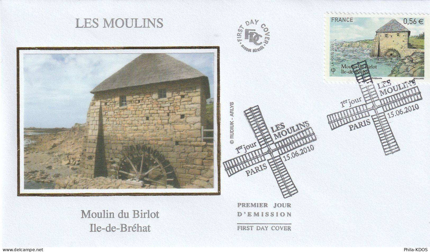 2010 "MOULIN DE BIRLOT " Sur Enveloppe 1er Jour Sur Soie N° YT 4490. FDC à Saisir ! - Windmills