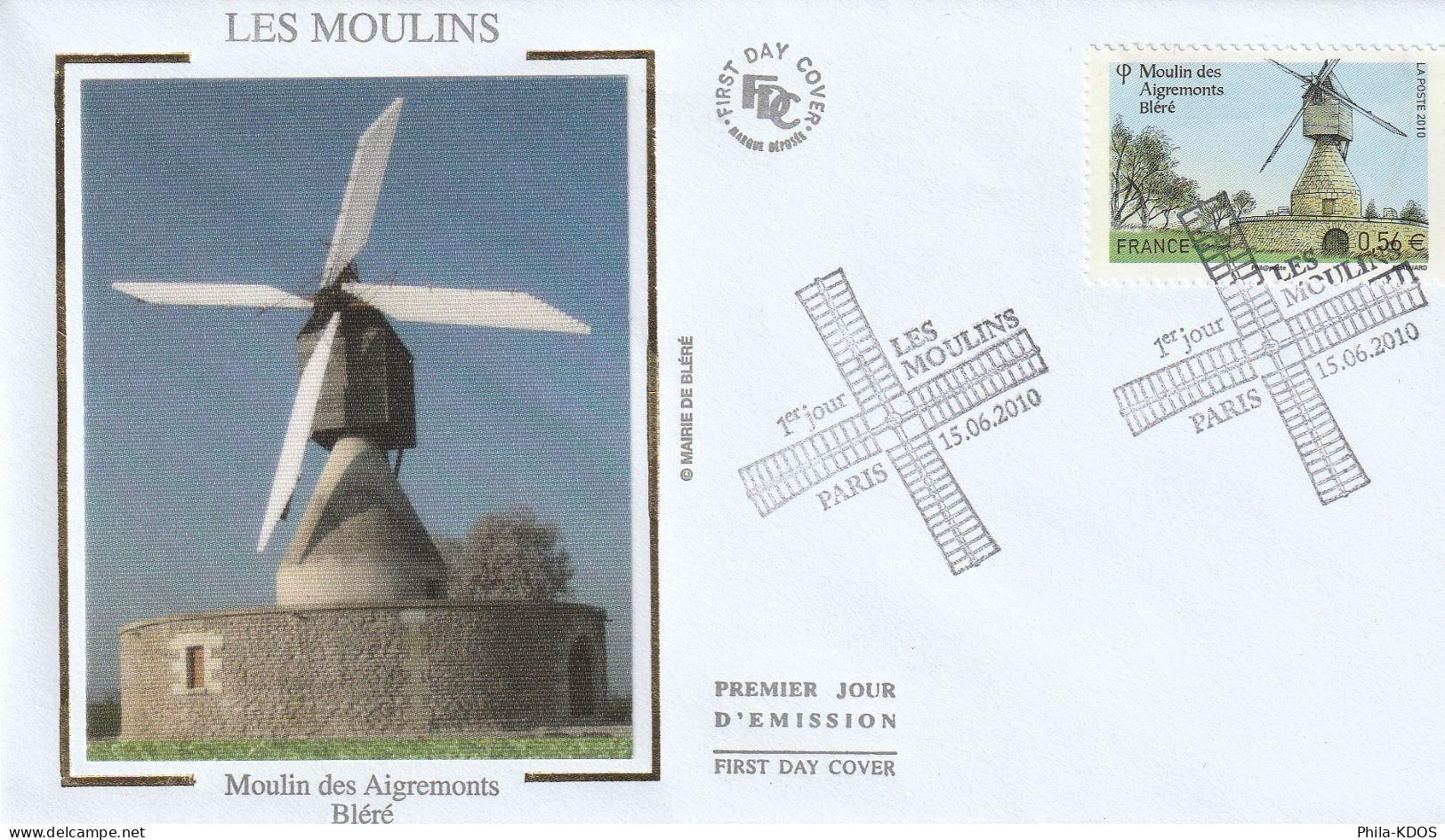 2010 " MOULIN DES AIGREMONTS  BLERE " Sur Enveloppe 1er Jour Sur Soie N° YT 4487. FDC à Saisir ! - Moulins