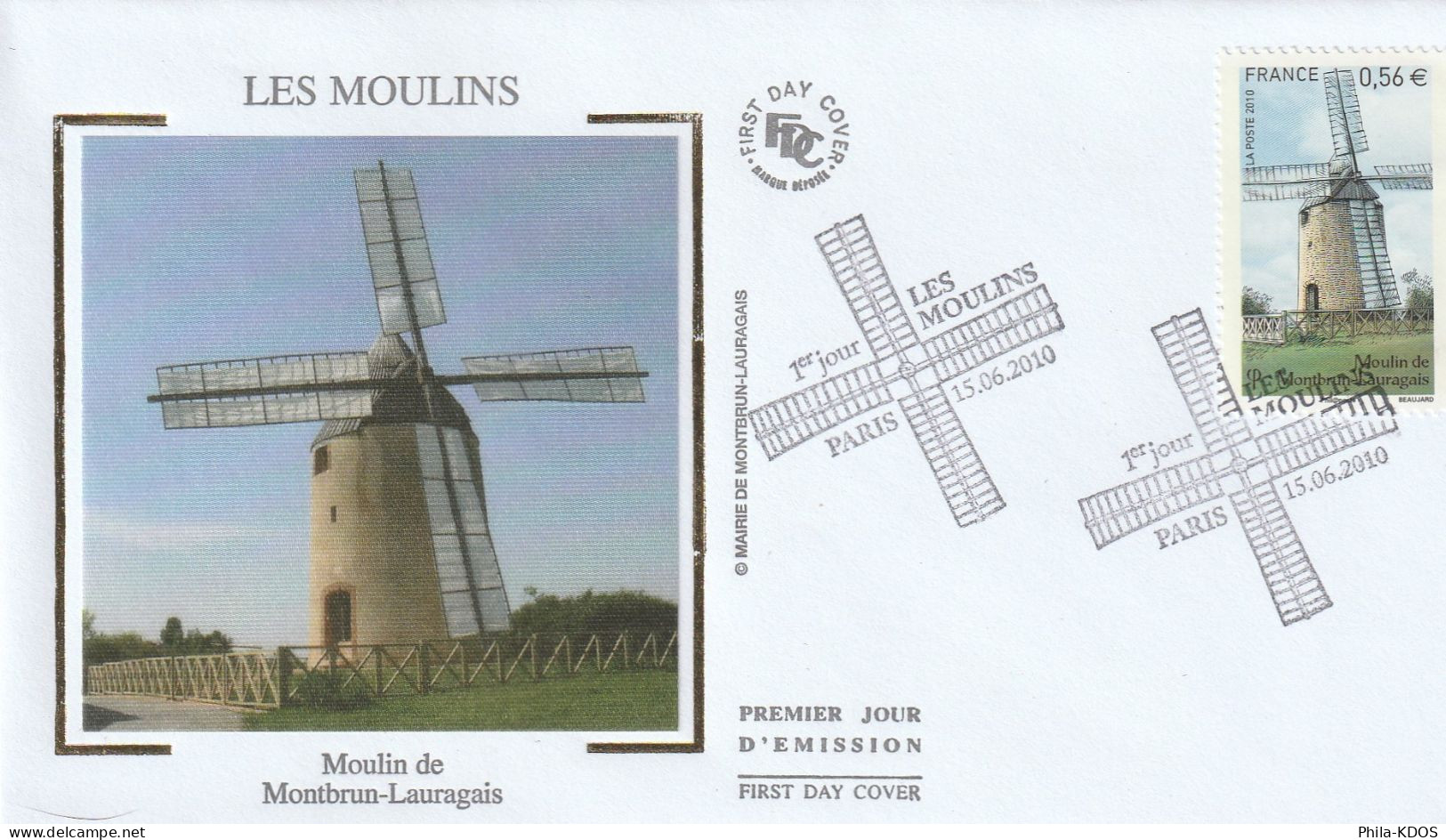 2010 " MOULIN DE MONTBRUN-LAURAGAIS " Sur Enveloppe 1er Jour Sur Soie N° YT 4485. FDC à Saisir ! - Windmills