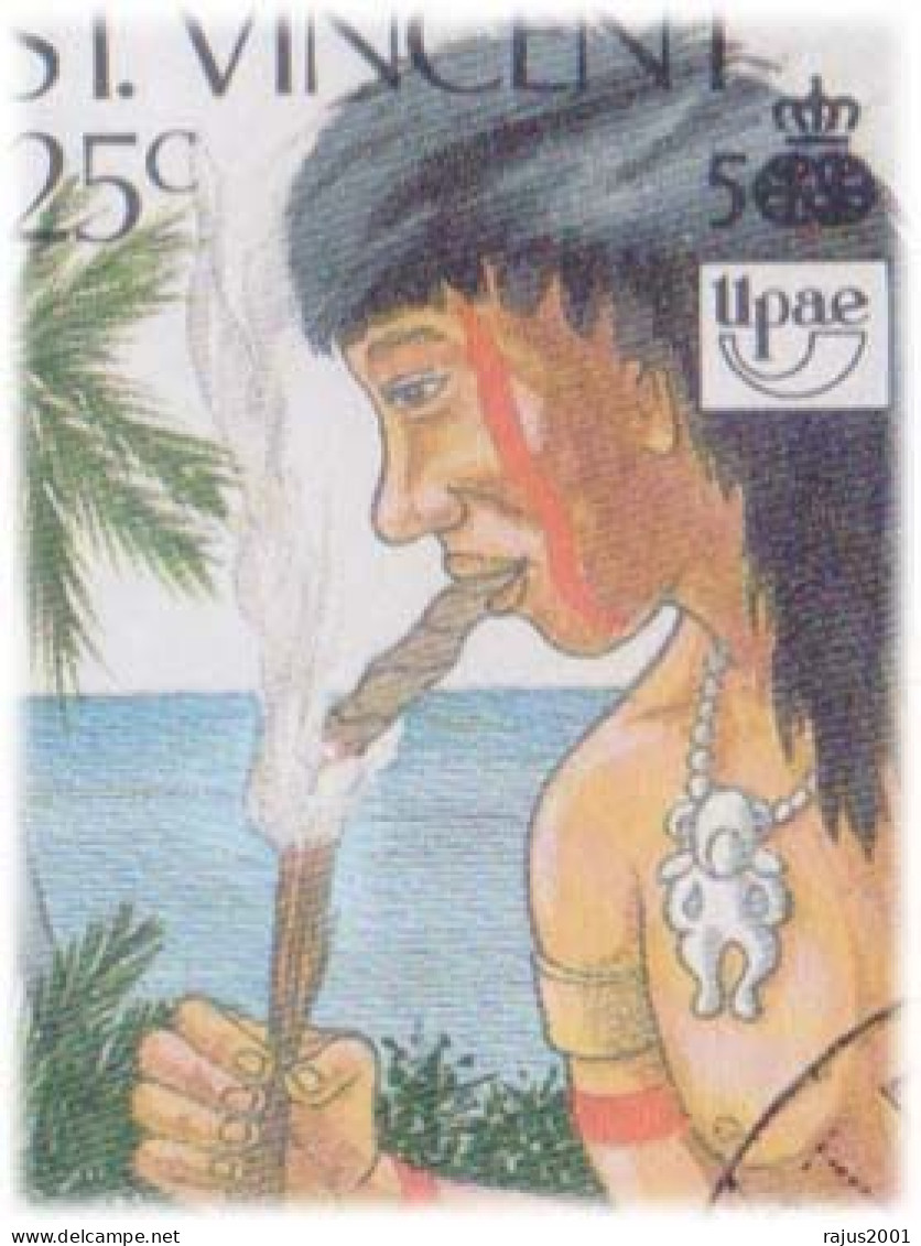 Discovery Of The Americas Pre Columbian Societies, Red Indian, Smoking Cigar, Tobacco, Drugs, Traditional Art, UPAE FDC - Drogue