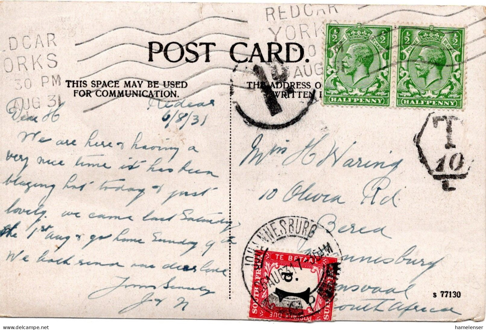 72749 - Grossbritannien - 1931 - 2@1/2d KGV A AnsKte REDCAR -> JOHANNESBURG (Suedafrika), M 1d Nachporto (Mgl) - Postage Due