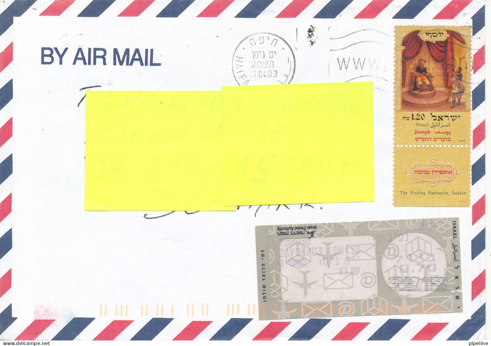 Israel Air Mail Cover Sent To Denmark 21-4-2003 Single Franked + Franking Label - Airmail