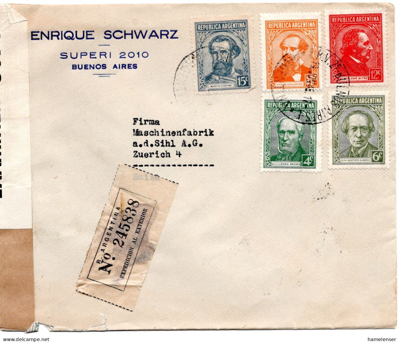 72750 - Argentinien - 1945 - 15c Guemes MiF A R-Bf BUENOS AIRES -> ZUERICH (Schweiz), M Brit Zensur - Covers & Documents