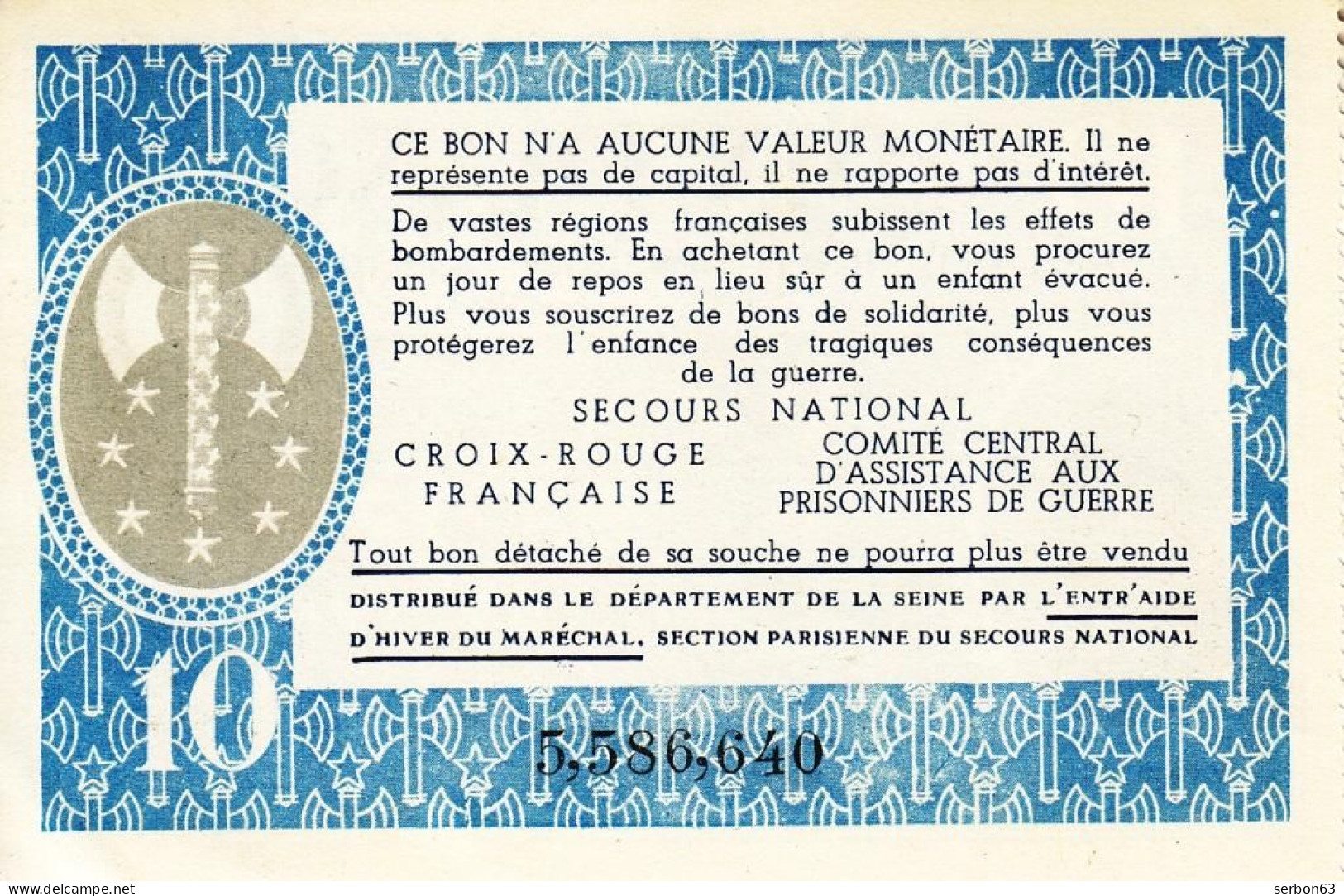 BON DE SOLIDARITÉ DIX FRANCS 10 FRANCS COMME NEUF N° 5.586.640 ASSISTANCE AUX PRISONNIERS DE GUERRE - Bons & Nécessité