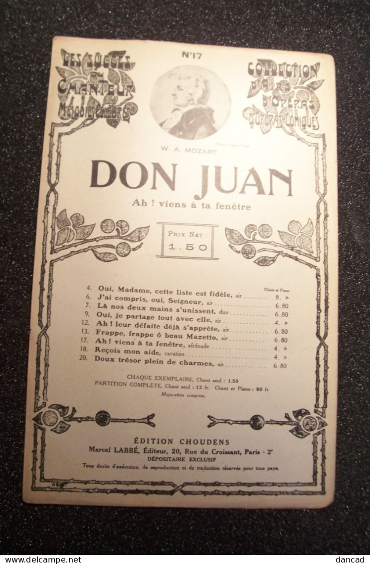 PARTITION -  DON  JUAN   ( Ah Viens à La Fenetre )  W.A.  MOZART - Opéra