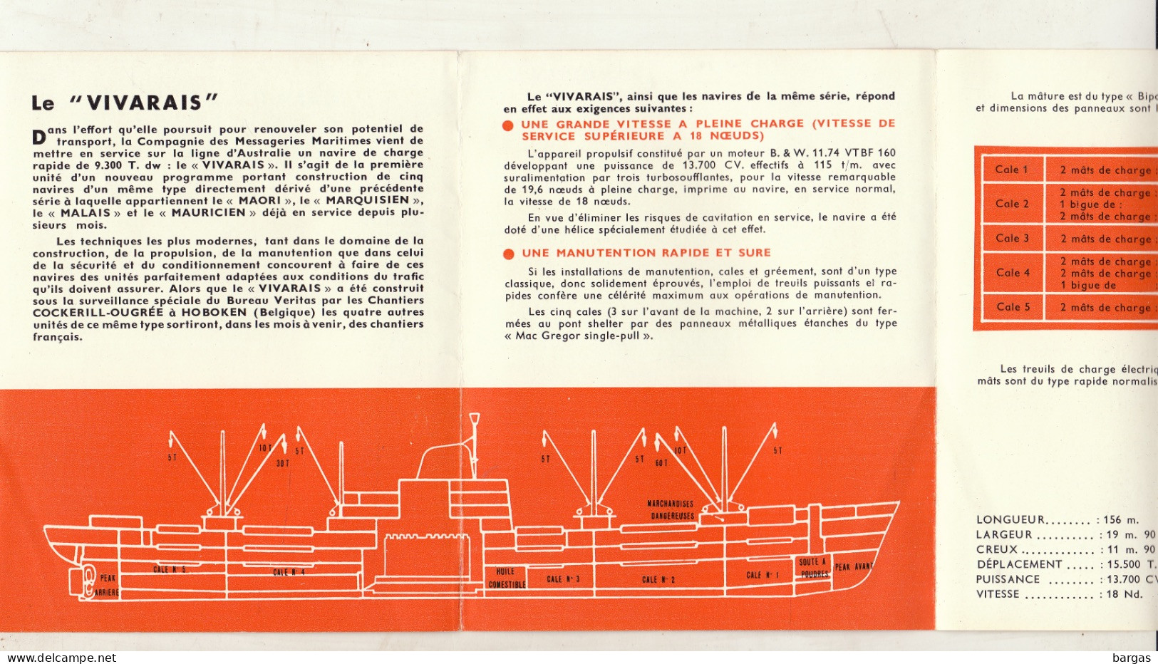 Messageries Maritimes Plan Descriptif Du M/V Vivarais - Bateau Paquebot - Autres & Non Classés