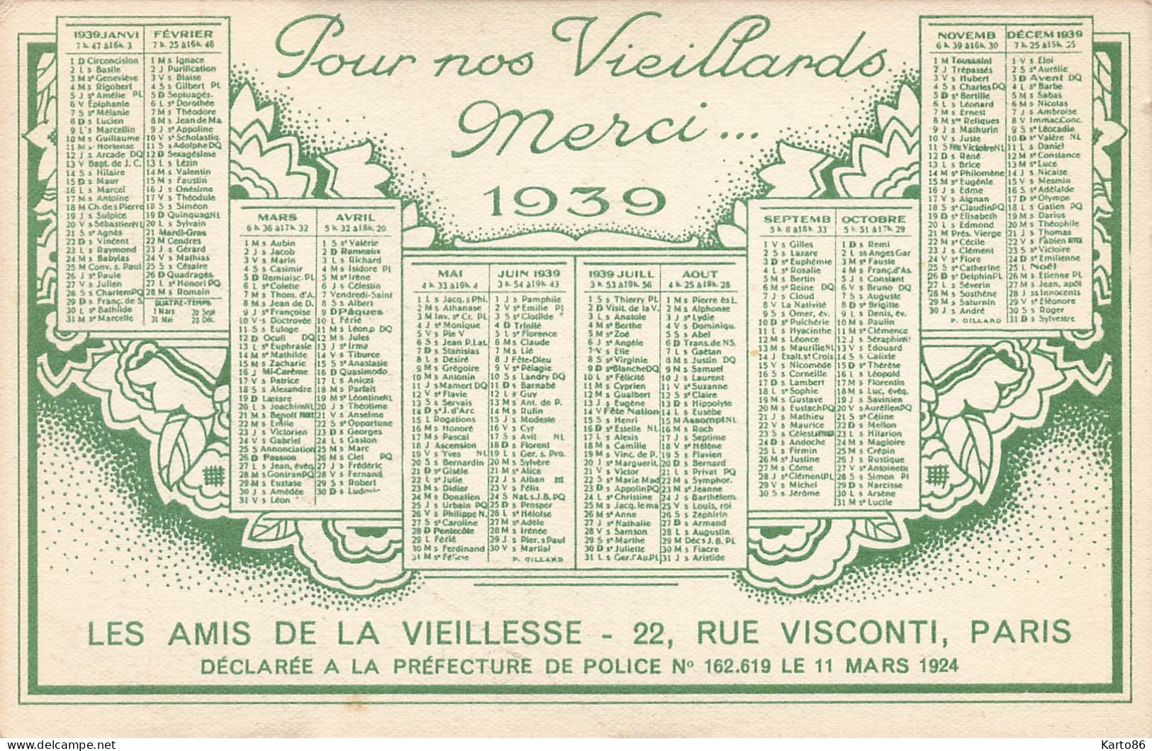 Petit Calendrier Ancien 1939 Publicitaire CPA Illustrateur " Les Amis De La Vieillesse 22 Rue Visconti Paris 6ème " - Formato Piccolo : 1921-40