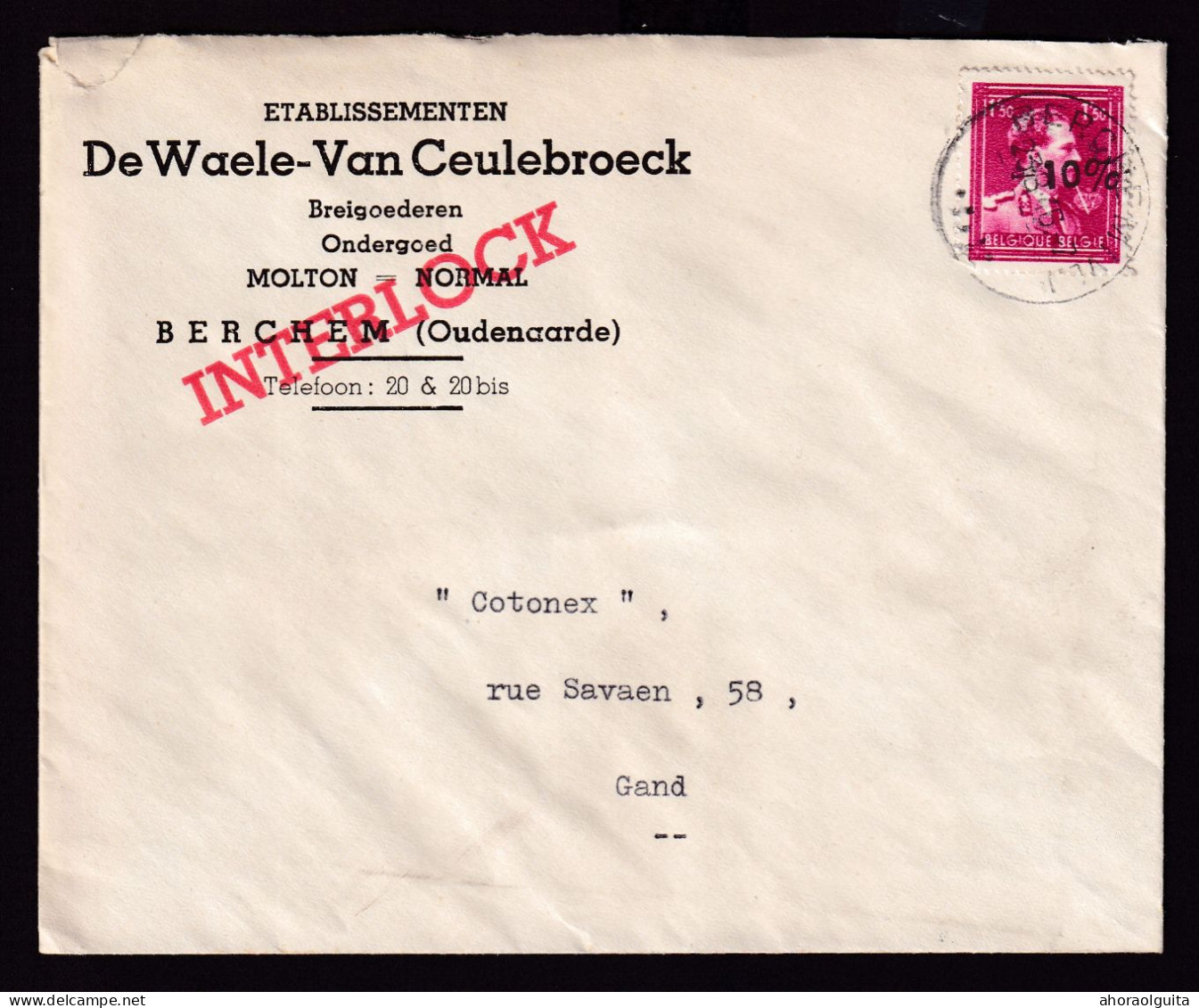 DDEE 787 -- Enveloppe TP Moins 10 % Surcharge Locale BERCHEM (VL) 1946 - Entete Ets De Waele-Van Ceulebroeck , Breigoed - 1946 -10%