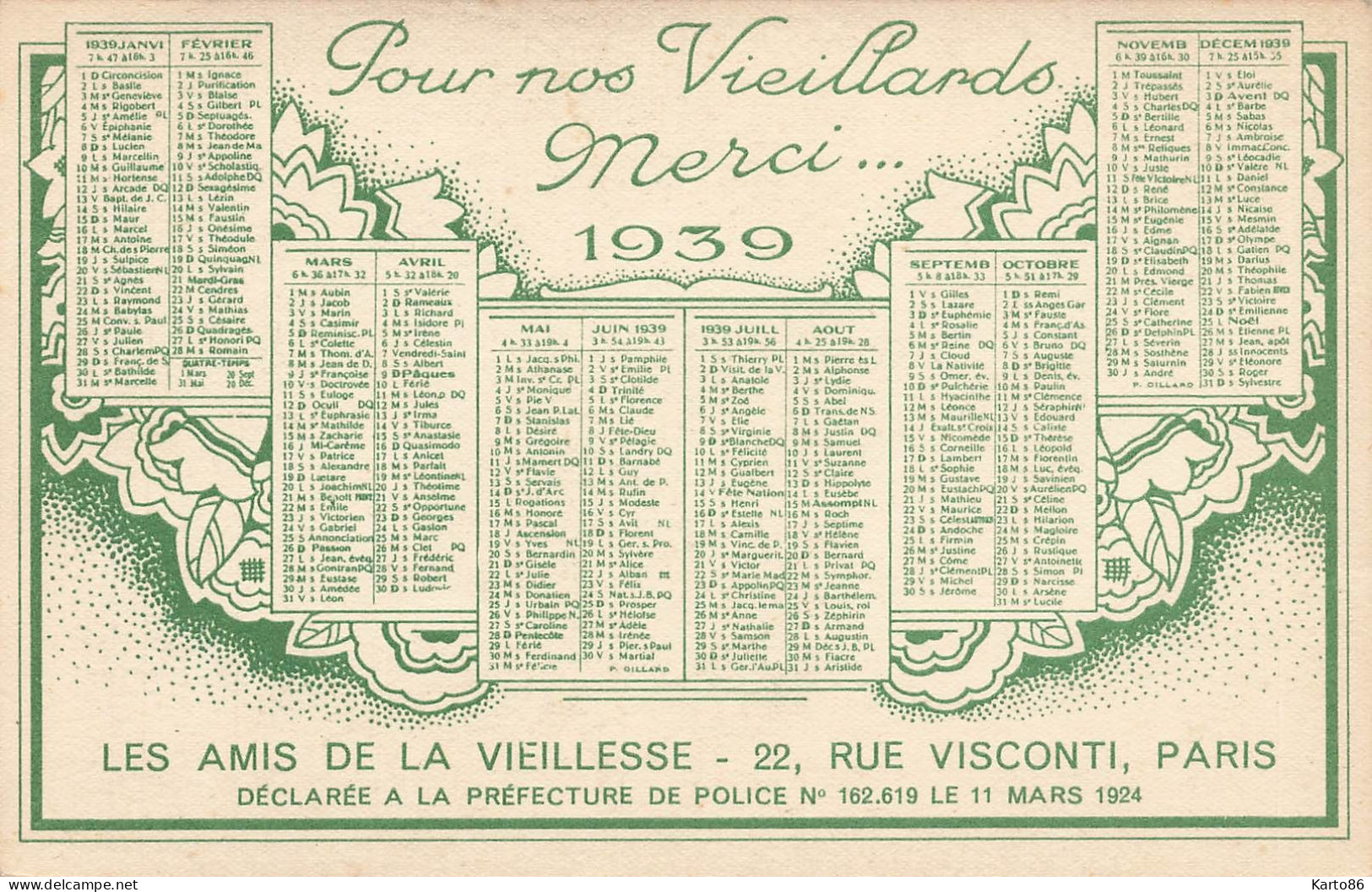 Petit Calendrier Ancien 1939 Publicitaire CPA Illustrateur " Les Amis De La Vieillesse 22 Rue Visconti Paris 6ème " - Petit Format : 1921-40