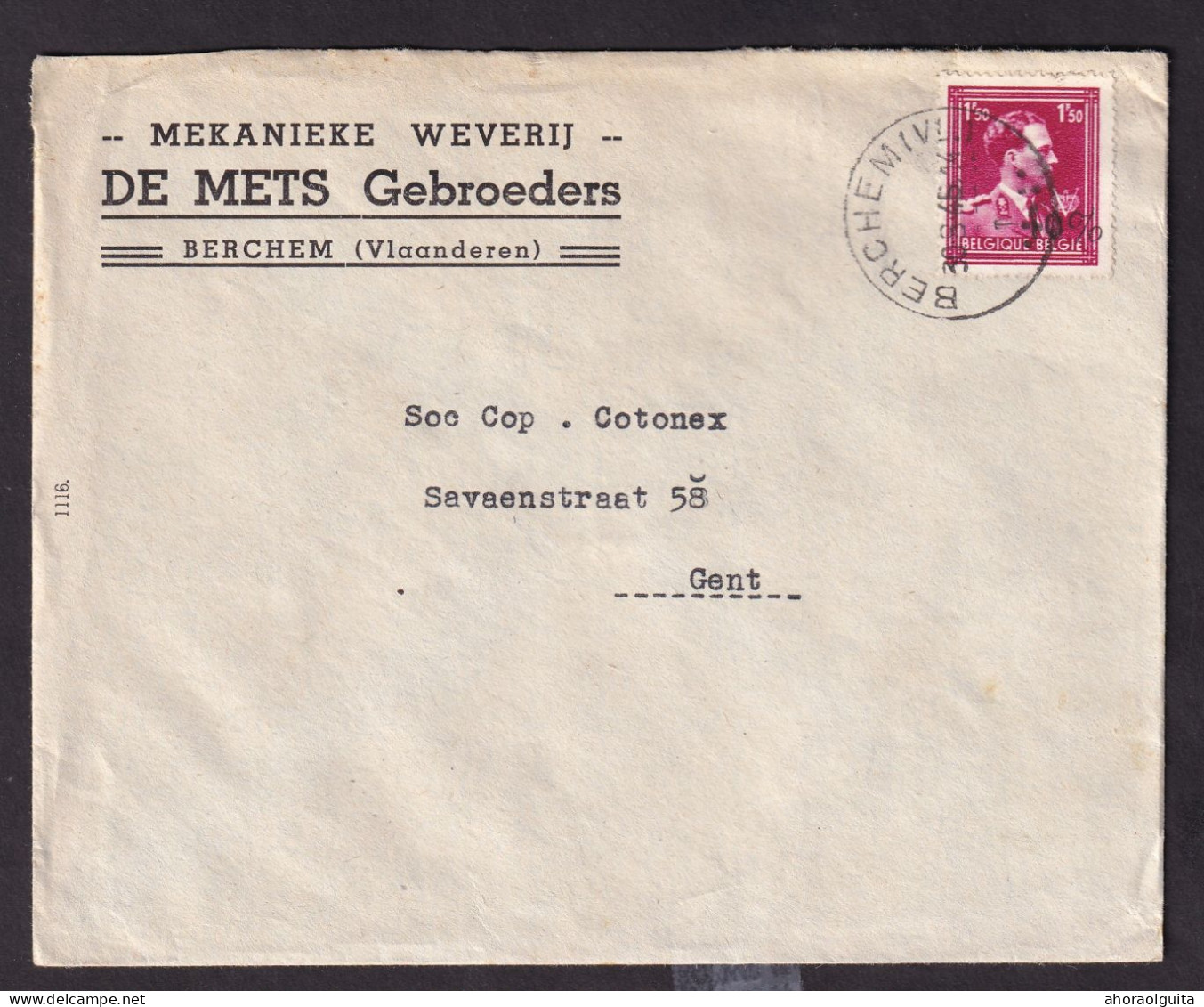 DDEE 788 -- Enveloppe TP Moins 10 % Surcharge Locale BERCHEM (VL) 1946 - Entete Mekanieke Weverij De Mets Gebroeders - 1946 -10%