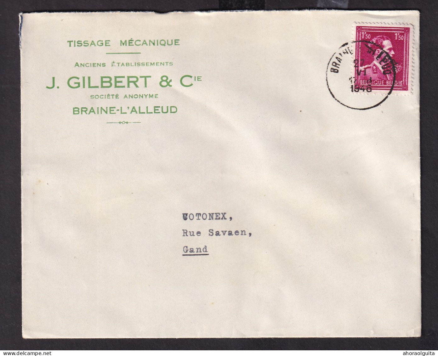 DDEE 798 -- Enveloppe TP Moins 10 % Surcharge Locale BRAINE L'ALLEUD 1946 - Entete Tissage Mécanique Gilbert § Cie - 1946 -10%