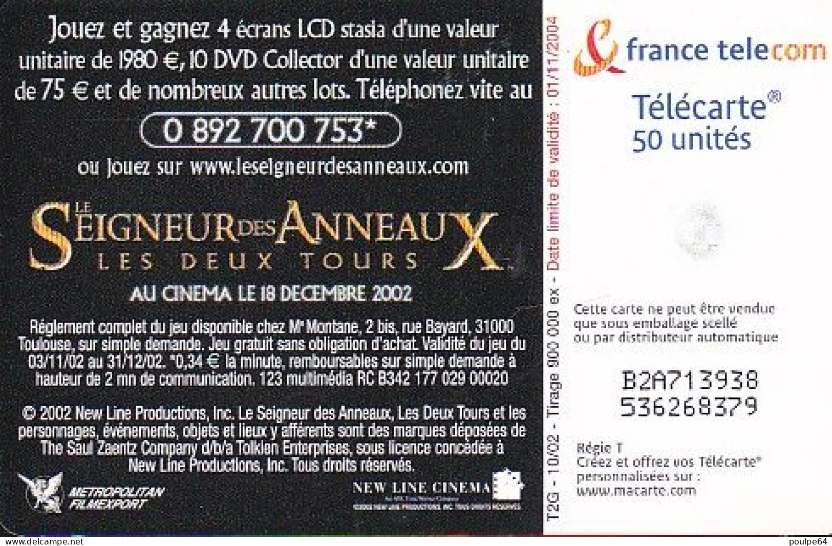 F1255  10/2002 - SEIGNEUR DES ANNEAUX " L'anneau "  - 50 GEM2 - 2002