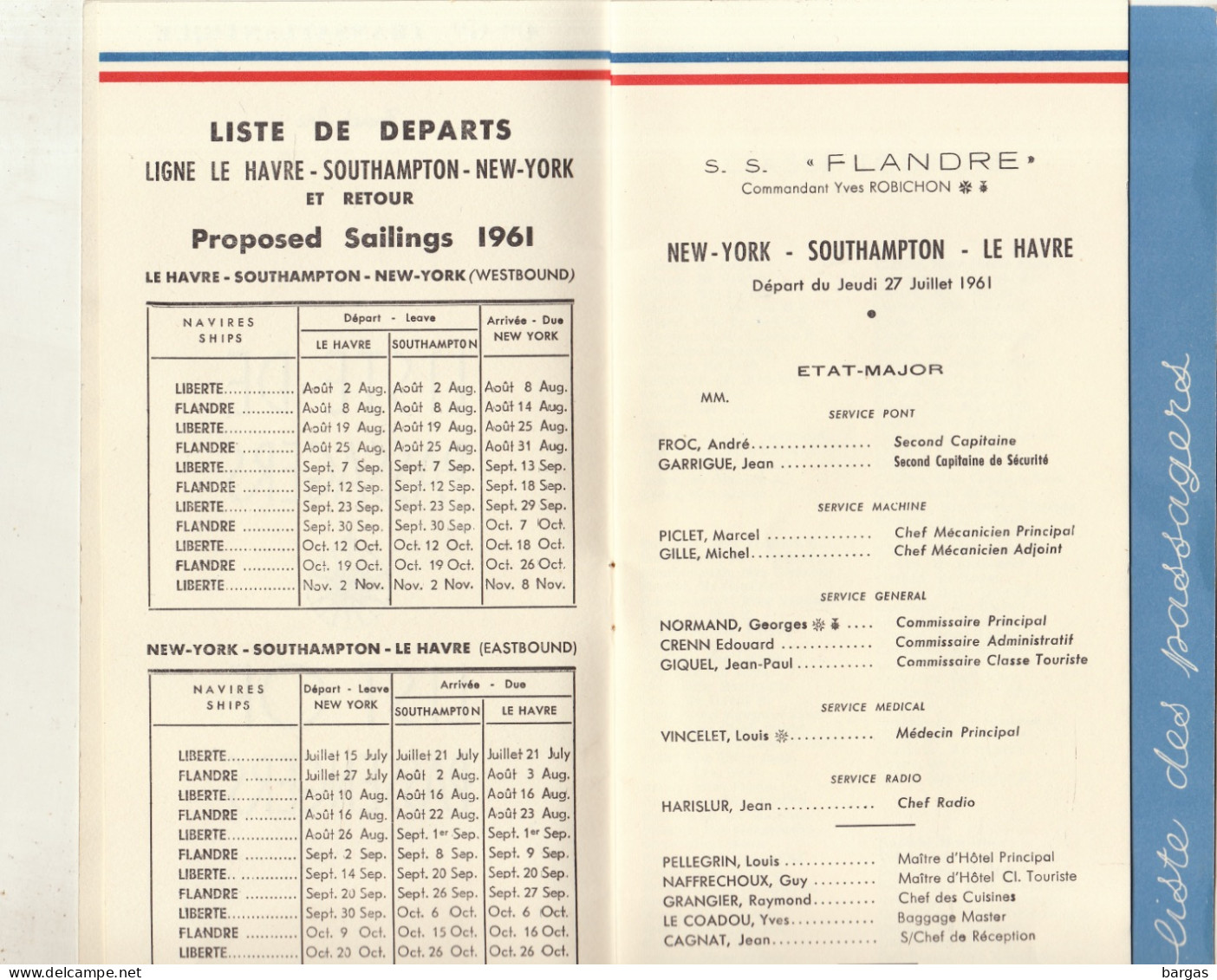 Compagnie Générale Transatlantique Liste Passagers Le Havre Southampton New York Le Flandre 1961 - Autres & Non Classés