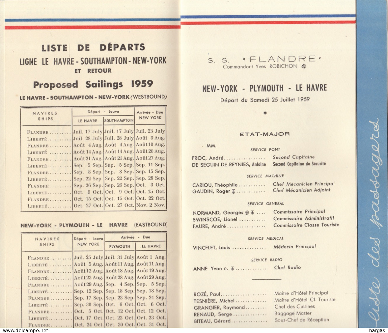 Compagnie Générale Transatlantique Liste Passagers Le Havre Southampton New York Le Flandre 1959 - Other & Unclassified