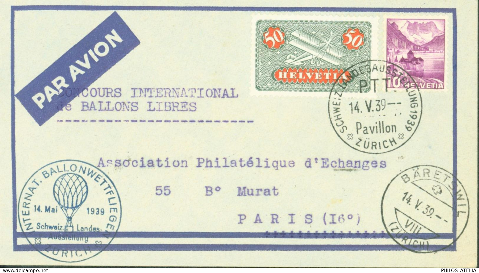 Concours International Ballons Libres CAD Schweiz Landes Ausstellung 1939 PTT 14 V 39 Pavillon Zurich YT Ae 9 + 291 - Sonstige & Ohne Zuordnung