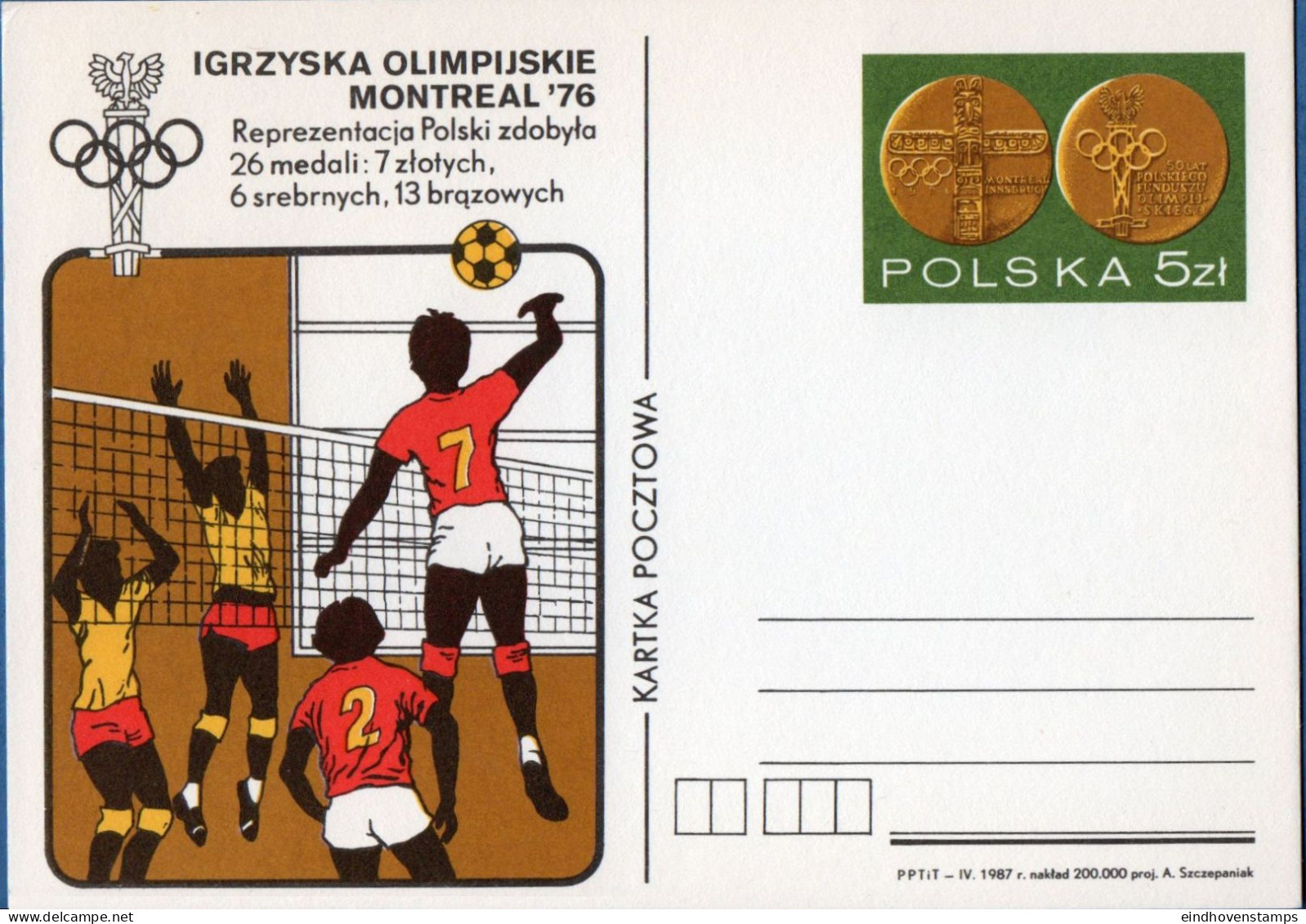 Polska, Poland 1987 Day Of Olympic Participants, Volleyball, Gold Medal, Postkarte Pol 87-P978 - Voleibol