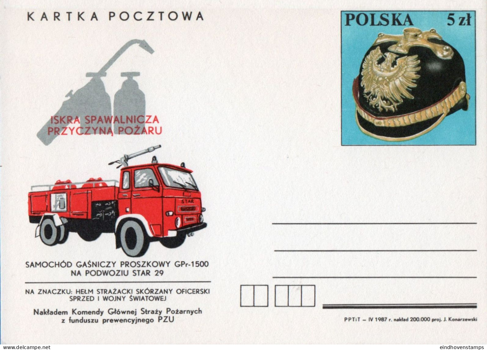 Polska, Poland 1987 Fire Protection, Firetruck, Gas Burner, Gas Bottles, Postkarte Pol 87-P979 - Sapeurs-Pompiers