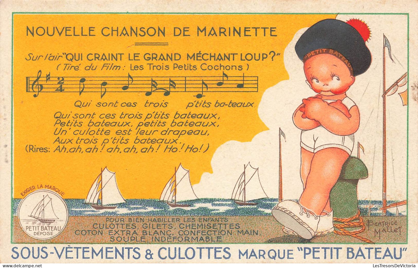 PUBLICITE - Nouvelle Chanson De Marinette - Sous-vêtements Et Culottes Marque "Petit Bateau" - Carte Postale Ancienne - Publicité