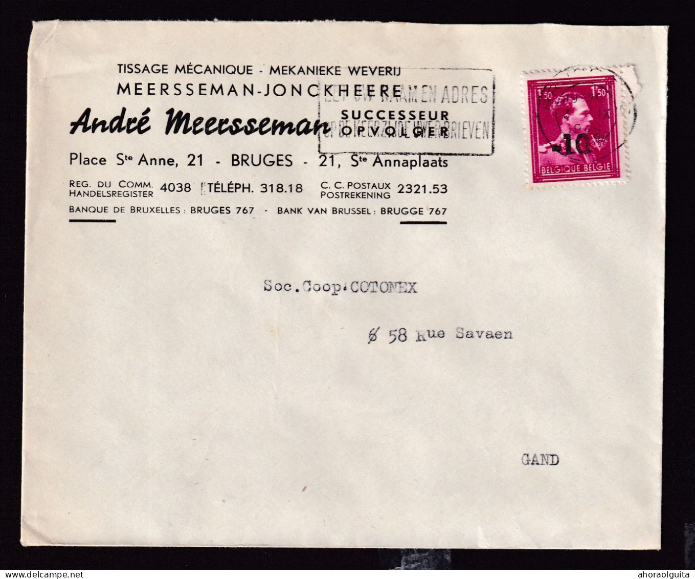 DDEE 805 -- 2 X Enveloppe TP Moins 10 % Surcharge Locale BRUGES 1946 - Entete Tissage Mécanique André Meersseman - 1946 -10%