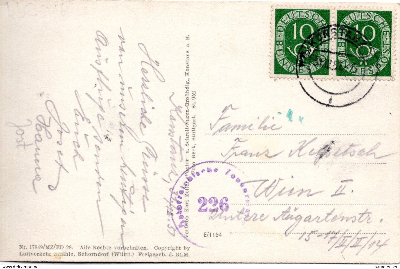 72765 - Bund - 1951 - 10Pfg Posthorn Waag Paar A AnsKte KONSTANZ -> Oesterreich, M Oesterr Zensur - Storia Postale