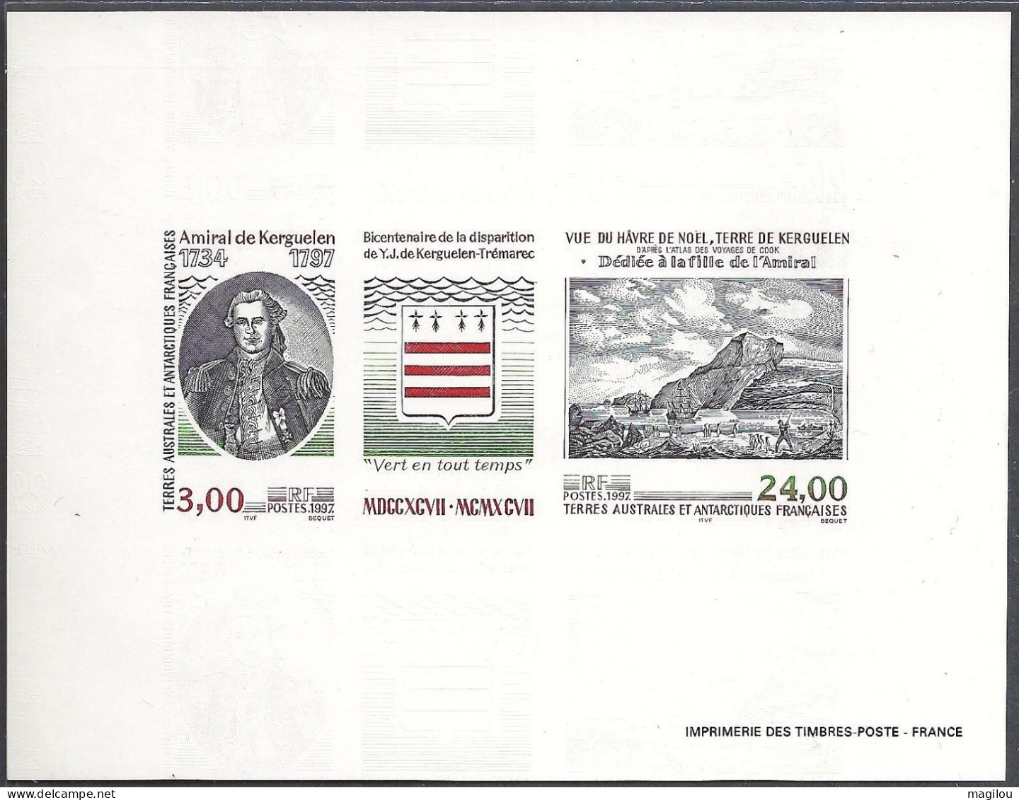 Feuillet Gommé Taaf/fsat Amiral Yves De Kerguelen YVT 222A Mnh** - Imperforates, Proofs & Errors